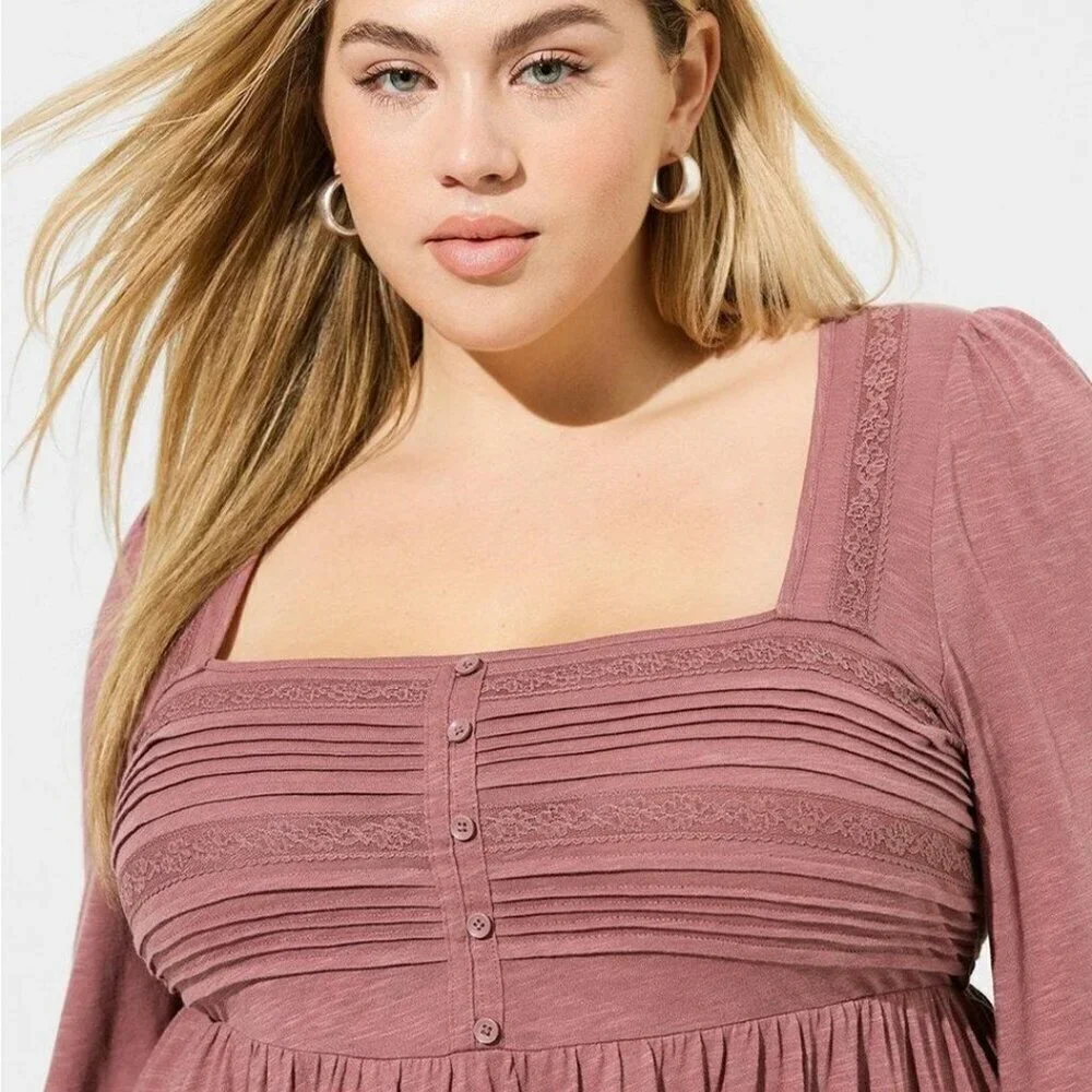 Torrid - Cotton Modal Slub Square Neck Pintuck Top in Rose Taupe - Picture 12 of 14